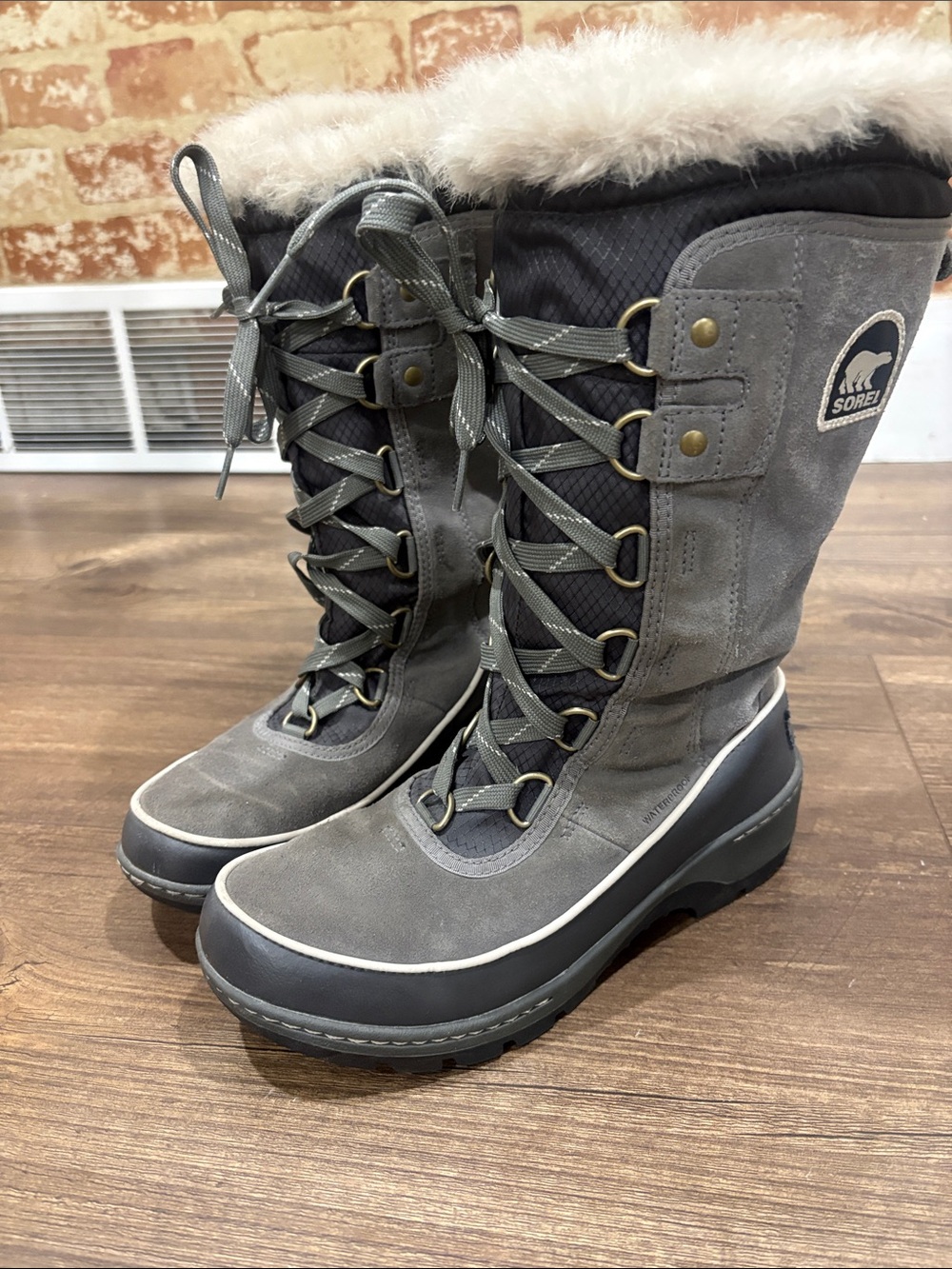 Sorel Grey Women's Tall Lace-Up Winter Boots with Faux Fur Collar